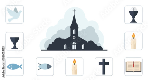 Christianity Symbols Collection: Church, Cross, Dove, Fish, Bible, Chalice, Candle