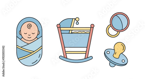 Cute Newborn Baby Icon Set: Swaddled Infant, Cradle, Rattle, Pacifier