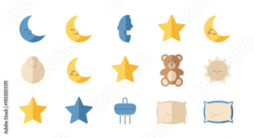 Cute Baby Sleep Icons: Moon, Stars, Teddy Bear, Pillow, Sun, Sleeping Bag