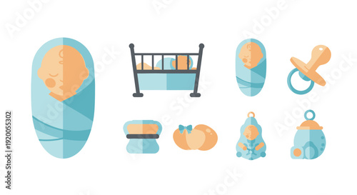 Baby Essentials Flat Icons Set: Newborn, Crib, Pacifier, Toys, Rattle, Lamp