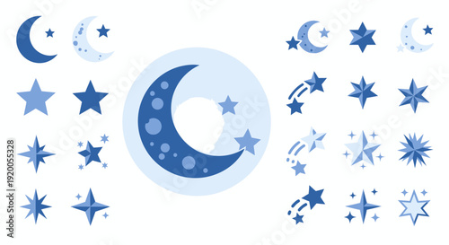 Celestial Set: Crescent Moon & Star Icons in Blue Tones