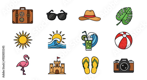 Summer Vacation Icons: Suitcase, Sunglasses, Hat, Flamingo, Beach Ball, Camera & More