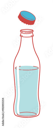 A simple illustration of a clear glass bottle filled with light blue liquid, with its red and blue cap floating above.
