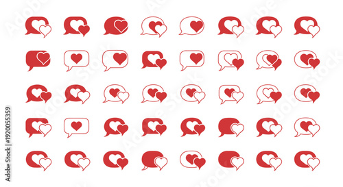 Collection of red heart chat bubbles, love message icons, communication symbols