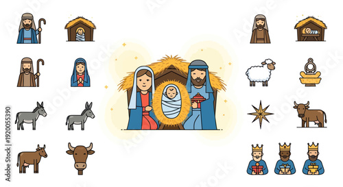 Nativity Scene Icons: Jesus, Mary, Joseph, Animals, Wisemen, Star