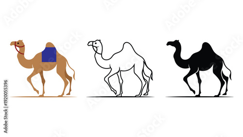 A camel icon illustration set in different styles and colors