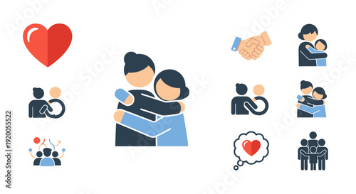 Love Hugs and Friendship Icons Collection: Heart, People, Handshake, Celebration