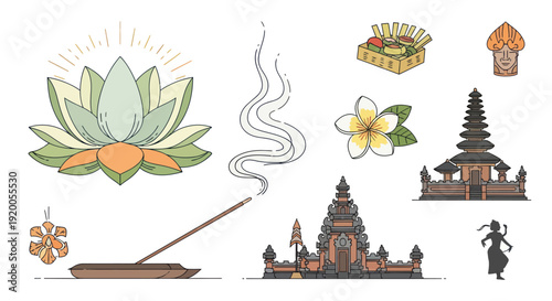 Balinese Temple, Lotus Flower, Incense, and Offerings - Spiritual Symbols
