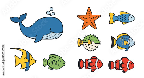 Cute cartoon marine life collection: whale, starfish, clownfish, pufferfish, angelfish