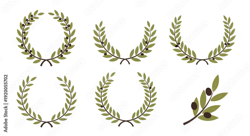 Obraz premium Olive Wreath Collection: Laurel Garlands, Branches and Olives Isolated on White