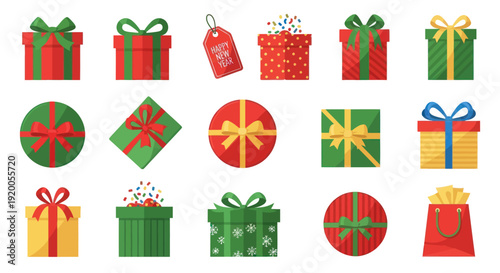Christmas Gift Boxes Collection: Festive Presents with Ribbons and Tags