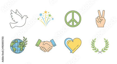 Peace Symbols Collection: Dove, Earth, Heart, Handshake, Peace Sign & Victory Hand