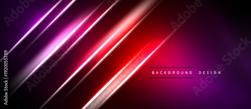 Abstract neon lines create dynamic gradient effect. Vivid purple, red hues dominate dark background. Modern design element.