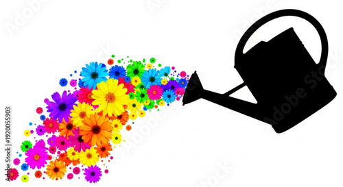 Colorful flowers pouring from a black watering can on white background symbolizing growth and gardening