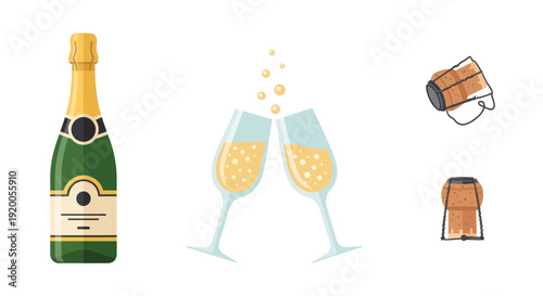 Champagne Bottle, Glasses Toasting, and Corks - Celebration Flat Illustration