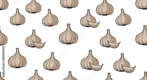 Seamless Repeating Pattern of Hand-Drawn Garlic Bulbs and Cloves on White Background