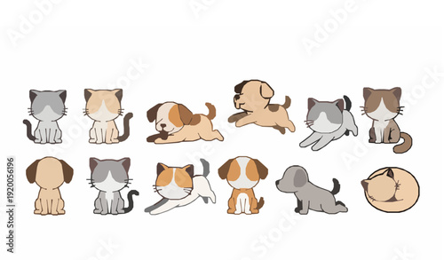 Cute Cartoon Cats and Dogs Lineup Vector Set with Playful Pet Characters in Various Poses