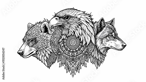 Detailed black and white illustration of a bear, eagle, and wolf heads with intricate mandala patterns, symbolizing strength and wisdom.
