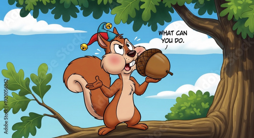 Cartoon squirrel wearing jester's hat holds acorn on tree branch with blue sky background