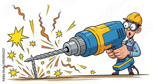 Cartoon worker with drill causes sparks on construction site with safety gear