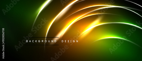 Abstract neon lines create dynamic glowing effect. Gradient transitions from green to orange dominate composition. Modern background design element.