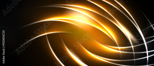 Bright orange lines swirl against dark background. Light radiates from central point, creating dynamic visual effect.