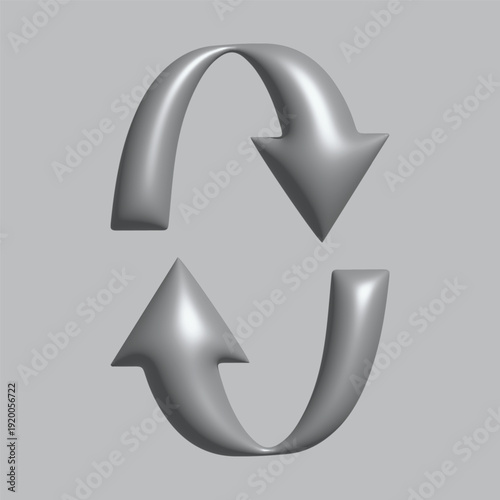 Three dimensional silver arrows forming a circular motion on a gray background viewed from directly above