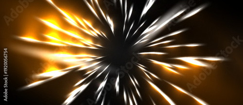 Bright radial burst. Golden, white streaks emanate from dark center. Abstract energy, dynamic visual effect. Intense light, glowing pattern.