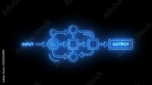 Neon-lit flowchart diagram with glowing blue lines and symbols on a black background, showcasing input and output process.