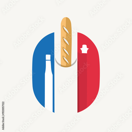 French Flag with Baguette and Wine Bottle.