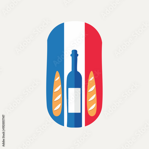 French Flag with Wine Bottle and Baguettes Representing French Culture.