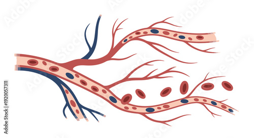 Illustration of blood vessels and red blood cells in the circulatory system.