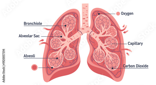 Detailed diagram of human lungs anatomy with labeled parts.