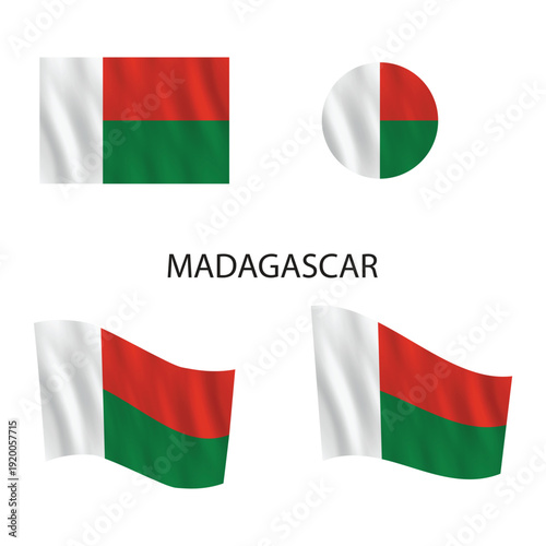 Madagascar national flag waving in various styles including rectangular and circular shapes with dynamic motion