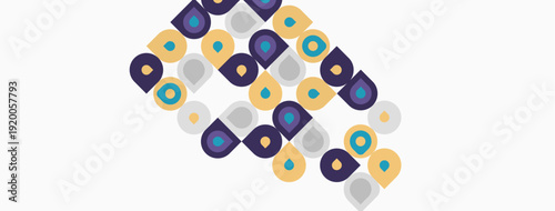 Abstract pattern features rounded squares, circles. Purple, yellow hues dominate white background. Simple geometric design.