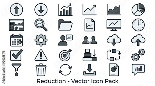 Reduction - Vector Icon Pack: A comprehensive, clean set of business and analytics icons for data charts, productivity, workflow, and project management.