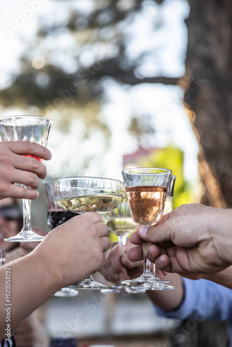 Friends raising glasses toasting at outdoor celebration dinner