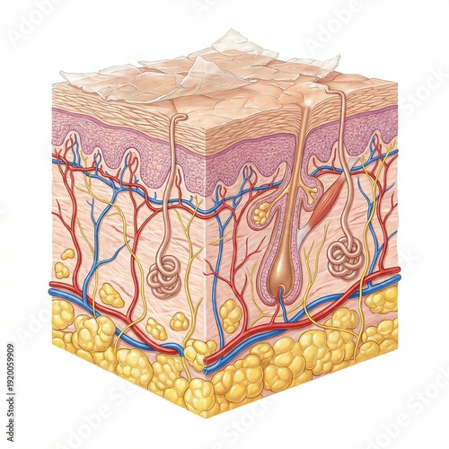 Cross section of human skin layers showing epidermis dermis hypodermis hair follicles sweat glands realistic illustration