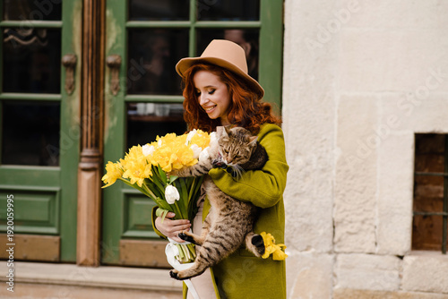 Wallpaper Mural Curly Woman with Cat and Flowers Torontodigital.ca