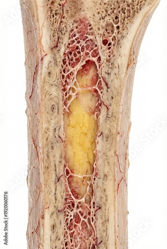 Cross section of human bone showing compact bone spongy bone periosteum marrow blood vessels realistic medical