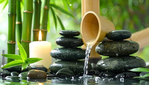 Zen stones, bamboo spout, and candle create serene, balanced spa atmosphere