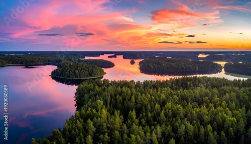 Pink and orange sunset reflects on Finnish lake with forested islands