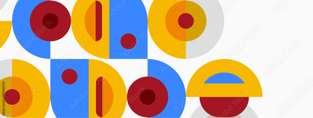Obraz premium Abstract geometric shapes, vibrant colors, overlapping circles, rectangles. Minimalist design, modern aesthetic, playful composition.