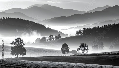 Layered mountains with mist over rolling hills, in grayscale
