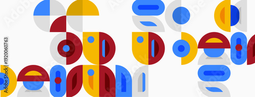 Abstract geometric shapes overlap. Colors include blue, yellow, red, gray. Composition feels modern, playful, dynamic.