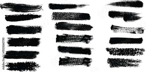 A collection of horizontal black brush strokes displaying varied textures and thicknesses on a bright white background