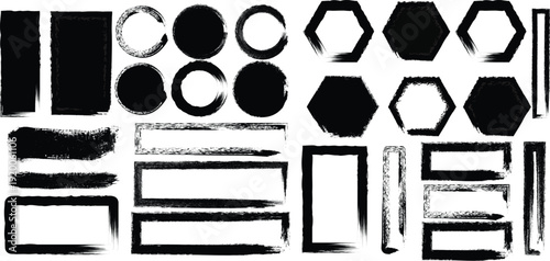 A diverse collection of black grunge brush strokes forming various geometric shapes like circles, hexagons, and rectangles