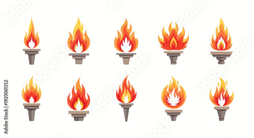 Collection of Flaming Torches, Fire Icons on White Background