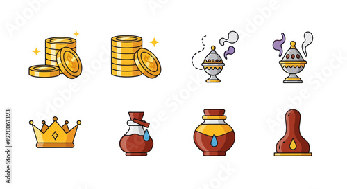 Fantasy Game Icons: Gold Coins, Crown, Potions, Incense Burners - Pixel Art Style