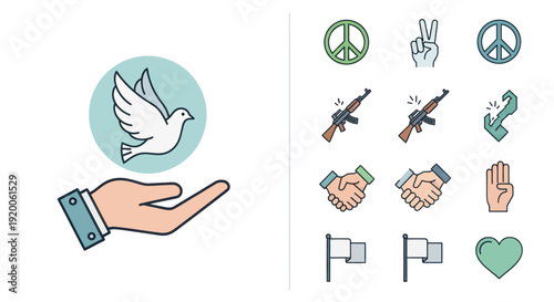 Dove of Peace in Hand and Symbols of Harmony, Conflict, and Unity Icons